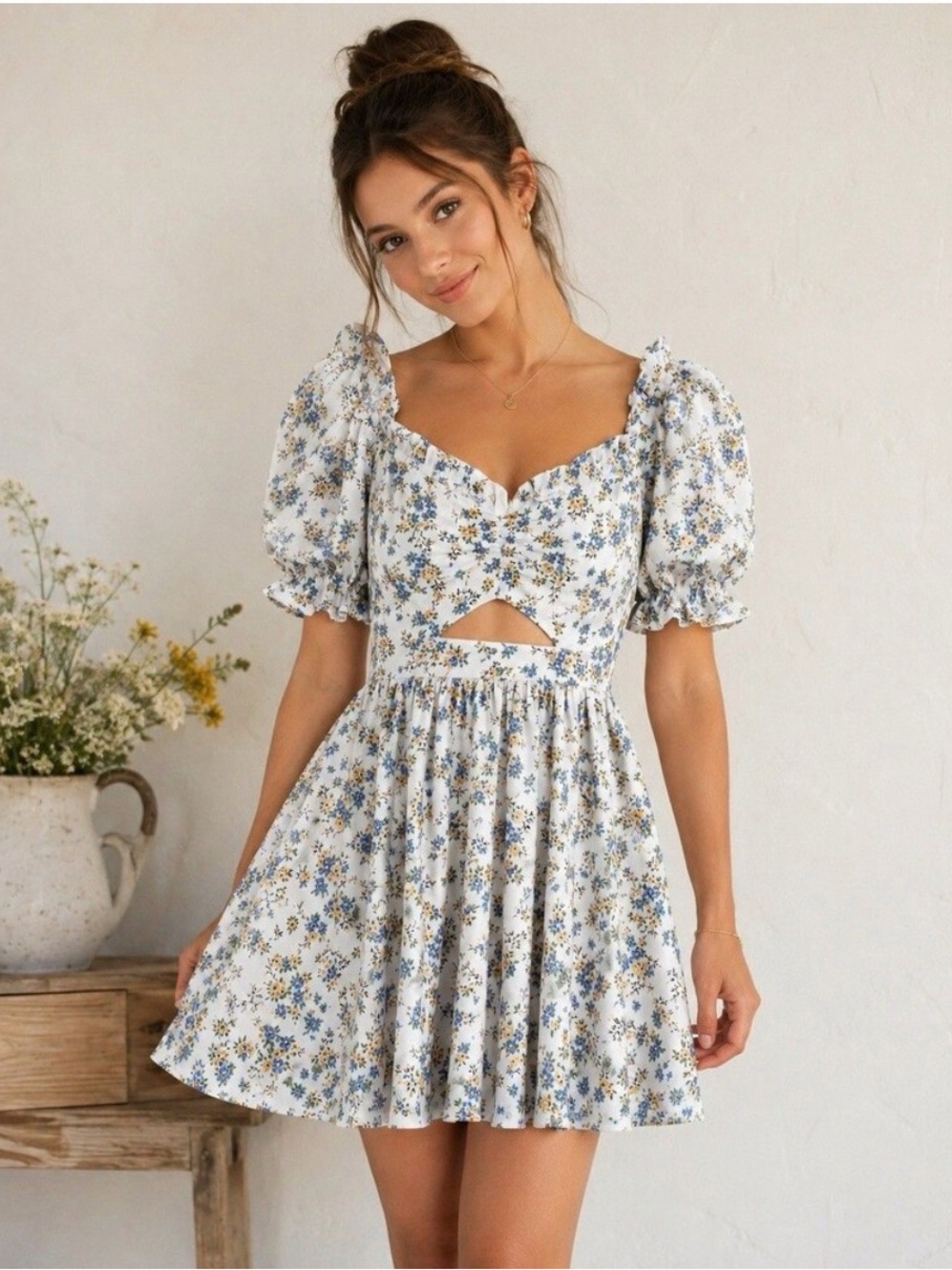 Altar’d State Floral Cutout Puff Sleeve Mini Dress L Smocked Cottagecore
